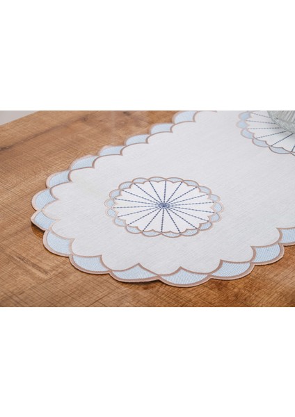 Mila Nakışlı Keten Efekt Kumaş Kreme Mavi Runner 45X150 cm - 1409