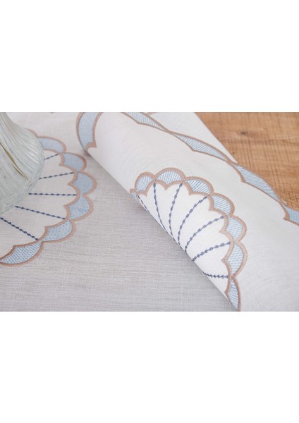 Mila Nakışlı Keten Efekt Kumaş Kreme Mavi Runner 45X150 cm - 1409