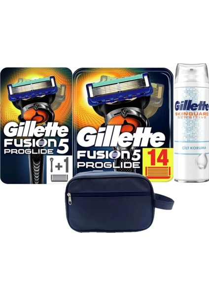 Fusion Proglide 1 Başlık ve Makine + Gillette Fusion Proglide 14 Adet Yedek Tıraş Bıçağı + Skinguard Tıraş Köpüğü 200 ml + Seyahat Çantası