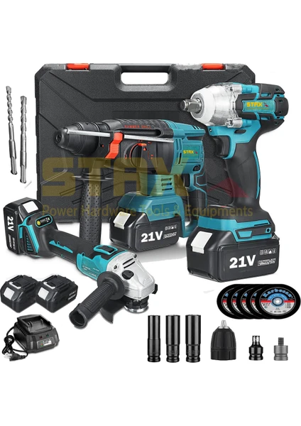 American Lion Çift Akülü 21V 3AH 3'lü Mega Set Kırıcı Delici + Somun Sıkma + Taşlama Makinesi 125MM