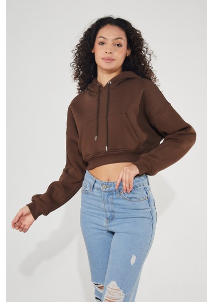 Kadın Kapüşonlu Kanguru Cepli 3 Iplik Içi Polarlı Şardonlu Basic Kalın Crop Sweatshirt