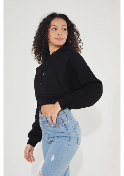 Kadın Kapüşonlu Kanguru Cepli 3 Iplik Içi Polarlı Şardonlu Basic Kalın Crop Sweatshirt