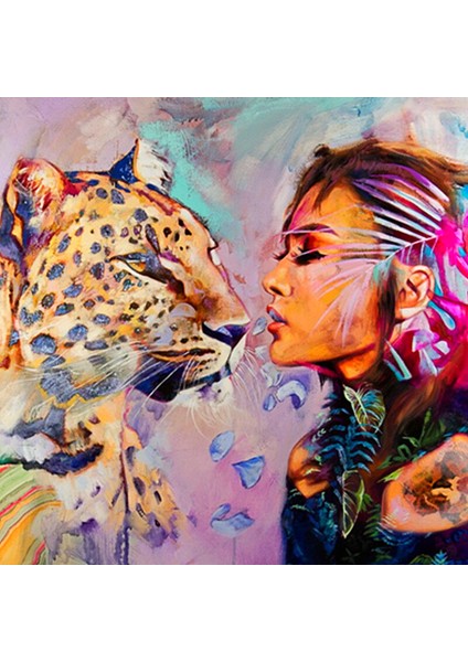 Kadın ve Leopar Çerçeveli 40X50 Sayılarla Boyama Hobi Seti