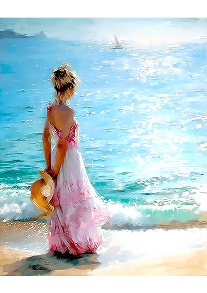 Sahil ve Şapkalı Kadın Çerçeveli 40X50 Sayılarla Boyama Hobi Seti