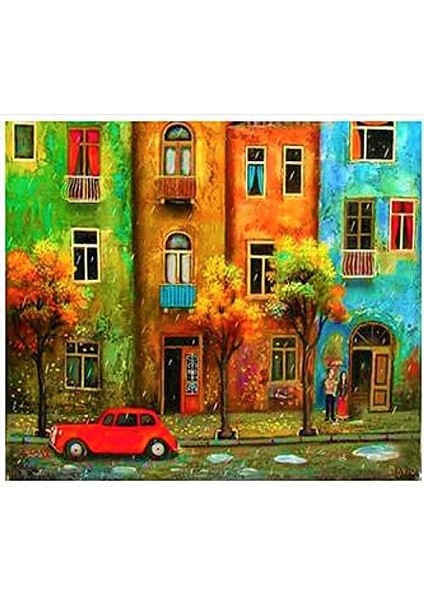 Apartmanlar ve Kırmızı Araba Çerçeveli 60X75 Sayılarla Boyama Hobi Seti