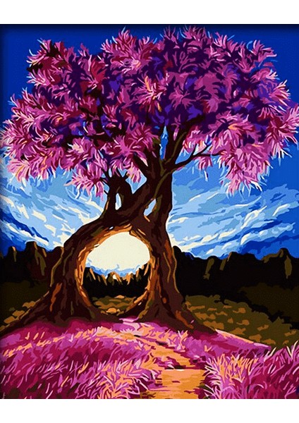 Pembe Dilek Ağacı ve Manzara Çerçeveli 60X75 Sayılarla Boyama Hobi Seti