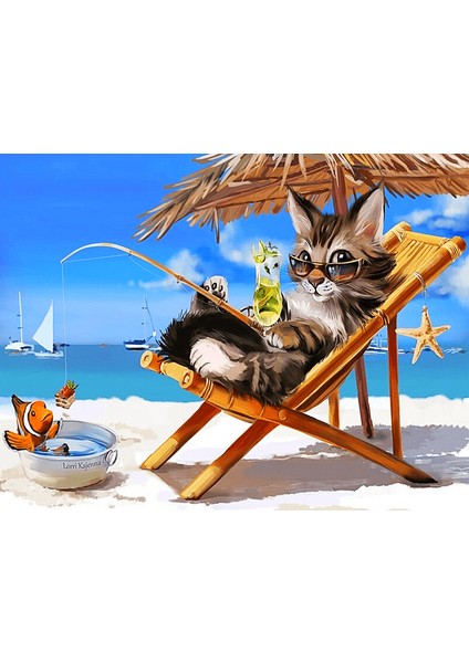 Şezlongtaki Kedi Çerçeveli 70X90 Sayılarla Boyama Hobi Seti