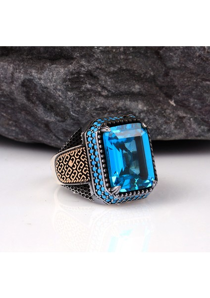 Blue Topaz Mikro Taşlı Erkek Gümüş Yüzük