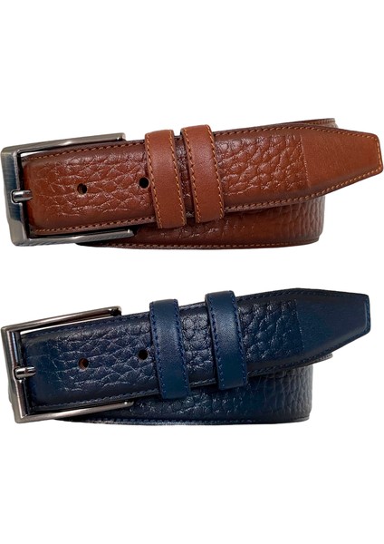 Deri 2'li Set, Dikişli Klasik Kumaş Pantolon Kemeri; Lacivert, Kahverengi 3,5 cm