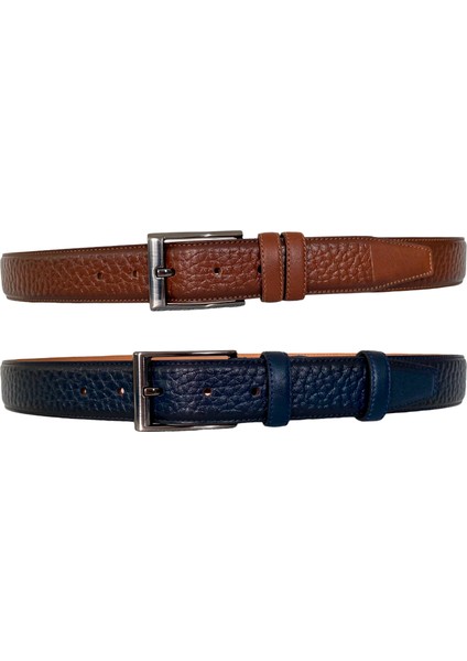 Deri 2'li Set, Dikişli Klasik Kumaş Pantolon Kemeri; Lacivert, Kahverengi 3,5 cm