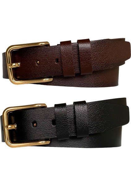 Deri 2'li Set 4 cm Tek Parça Kadın Kot Kemeri Siyah, Koyu Kahverengi