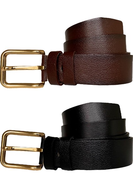 Deri 2'li Set 4 cm Tek Parça Kadın Kot Kemeri Siyah, Koyu Kahverengi fiyatları