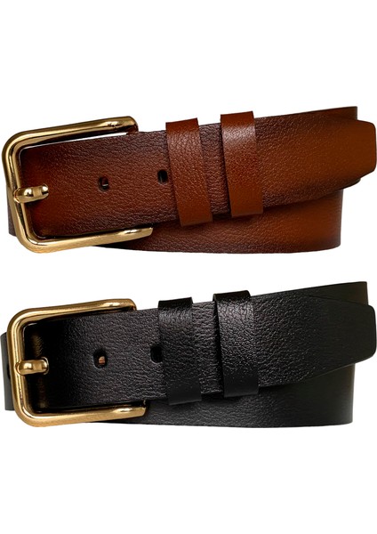 Deri 2'li Set 4 cm Tek Parça Kadın Kot Kemeri Siyah, Kızıl Taba