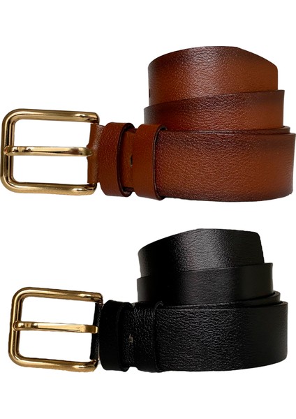 Deri 2'li Set 4 cm Tek Parça Kadın Kot Kemeri Siyah, Kızıl Taba fiyatları