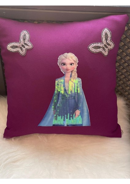 Elsa Ve Kelebek Pul Payetli Kırlent Yastık Kılıfı 40 x 40 cm
