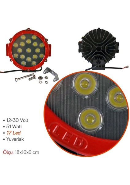 Off Road Sis Lambası 17 Ledli 51 Watt Kırmızı Çerçeve 12-48V