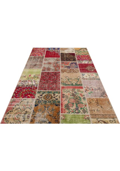 Gerçek El Dokuma Eskitme Patchwork Halı