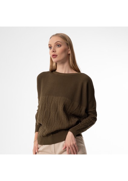 Kayık Yaka Saç Örgü Haki Yeşili Oversize Bayan Kazak