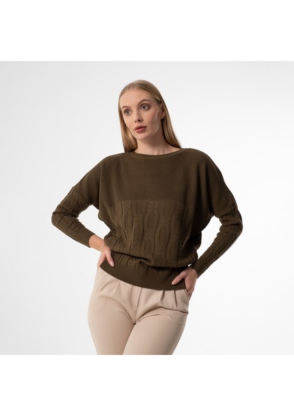 Kayık Yaka Saç Örgü Haki Yeşili Oversize Bayan Kazak