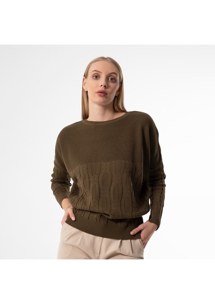 Kayık Yaka Saç Örgü Haki Yeşili Oversize Bayan Kazak