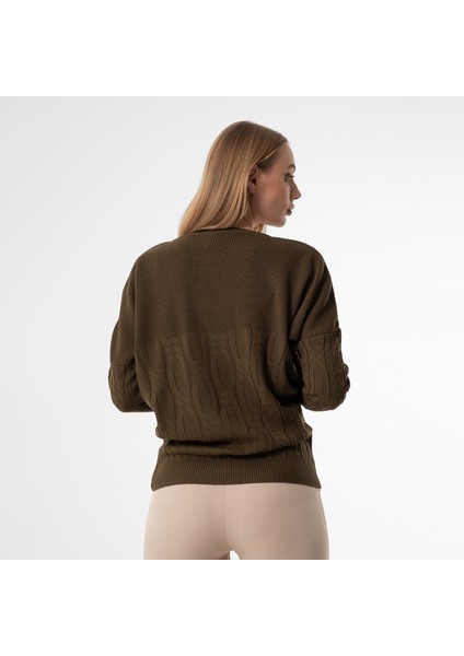 Kayık Yaka Saç Örgü Haki Yeşili Oversize Bayan Kazak