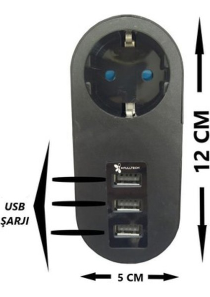 Akım Korumalı 2,1A 3 USB Li Çocuk Korumalı Fiş Priz Siyah FTR_07