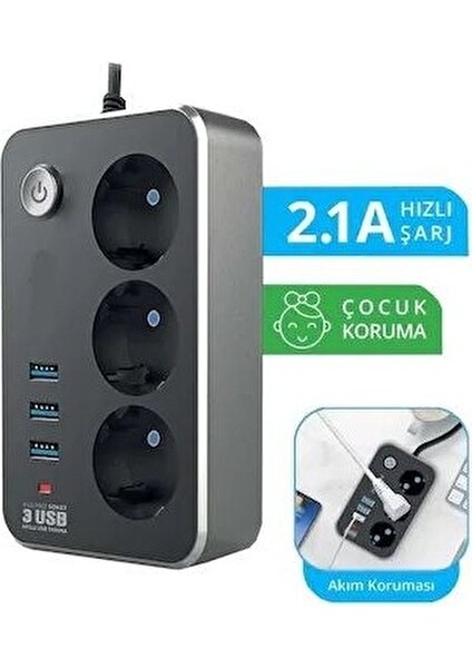 2 Metre 3'lü Termal Akım Korumalı Priz 3-Usb