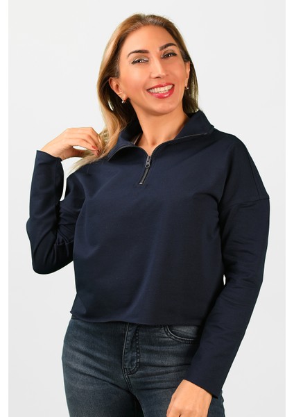 Kadın 2 Iplik Yarım Balıkçı Düşük Kol Sweatshirt Lacivert