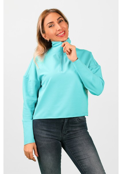Kadın 2 Iplik Yarım Balıkçı Düşük Kol Sweatshirt Turkuaz