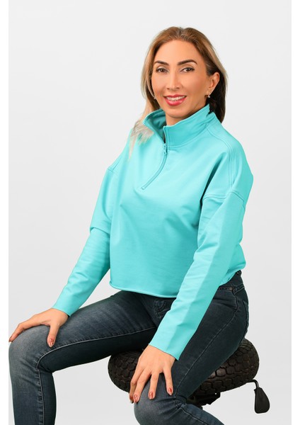 Kadın 2 Iplik Yarım Balıkçı Düşük Kol Sweatshirt Turkuaz modelleri