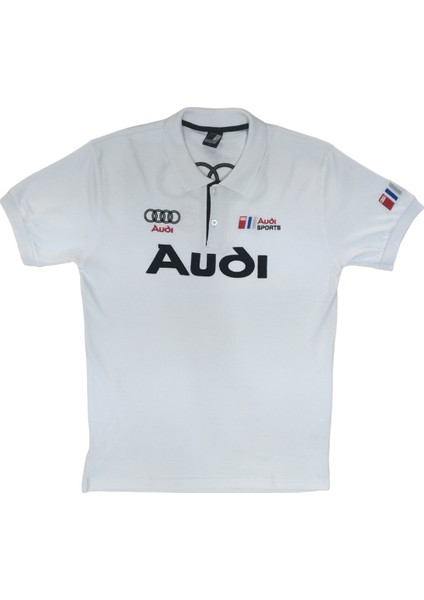 Erkek Polo Yakalı Beyaz Audi Baskılı Kısa Kollu Tişört Etp-Aud