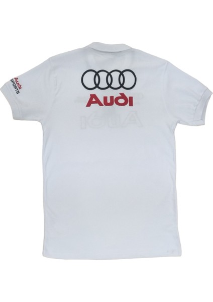 Erkek Polo Yakalı Beyaz Audi Baskılı Kısa Kollu Tişört Etp-Aud modelleri