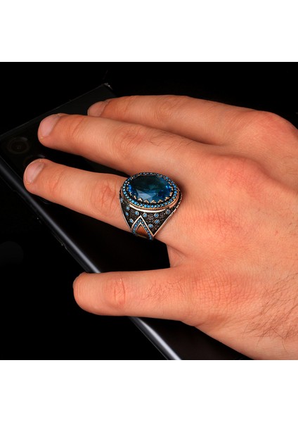 Blue Topaz Taşlı Erkek Gümüş Yüzük modelleri
