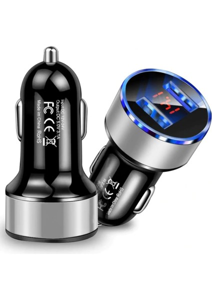 Çakmaklık Oto Araç Hızlı Şarj Aleti 3.1A USB Çift Girişli Siyah LED Ekranlı