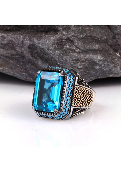 Blue Topaz Mikro Taşlı Erkek Gümüş Yüzük fiyatları