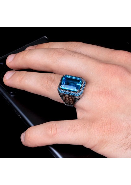 Blue Topaz Mikro Taşlı Erkek Gümüş Yüzük modelleri