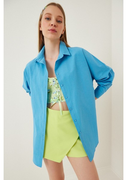 Kadın Mavi Oversize Uzun Basic Gömlek HZL22W-BD139001