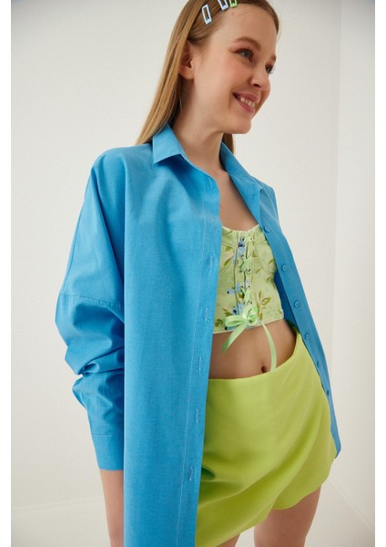 Kadın Mavi Oversize Uzun Basic Gömlek HZL22W-BD139001 modelleri