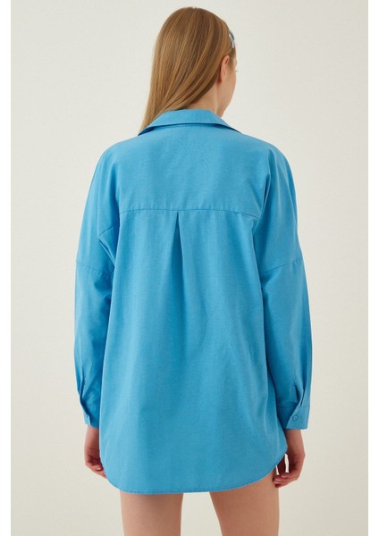 Kadın Mavi Oversize Uzun Basic Gömlek HZL22W-BD139001 fırsatları