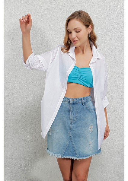 Kadın Beyaz Oversize Yandan Yırtmaçlı Ip Büzgülü Gömlek HZL23W-BD1201321 fiyatları