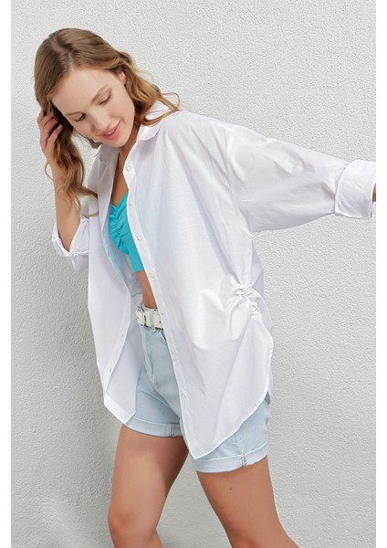 Kadın Beyaz Oversize Yandan Yırtmaçlı Ip Büzgülü Gömlek HZL23W-BD1201321 indirimleri