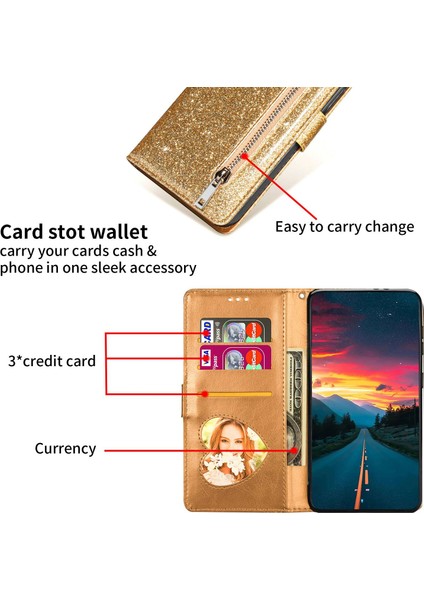 Lr Joyful Xiaomi İçin 13 Glitter Sparkly Flip Folio Pu Deri Telefon Kılıfı Fermuar Cep Manyetik Cüzdan Stand Kapağı Kayış (Yurt Dışından)