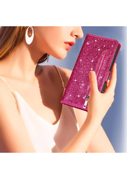 Lr Joyful Xiaomi İçin 13 Glitter Sparkly Flip Folio Pu Deri Telefon Kılıfı Fermuar Cep Manyetik Cüzdan Stand Kapağı Kayış (Yurt Dışından)