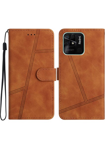 Xiaomi İçin Redmi 10C 4G Cilt Touch Hissed Hissetme Cep Telefon Kılıf Cüzdan Retro Pu Deri Dikiş Hattı Dekor Telefon Kapağı (Yurt Dışından)