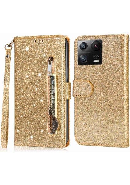 Xiaomi 13 Pro 5G Fermuar Pocket Glittery Pealins Telefon Kapağı Tam Koruma Pu Deri Cüzdan Stand Kılıfı (Yurt Dışından)