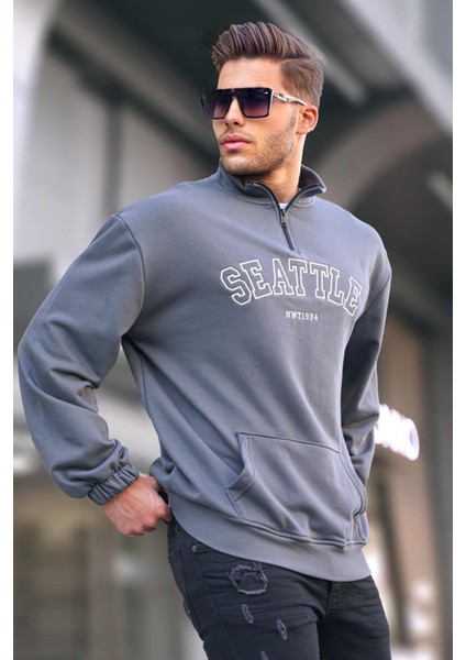 Füme Fermuar Yakalı Nakışlı Sweatshirt 6026