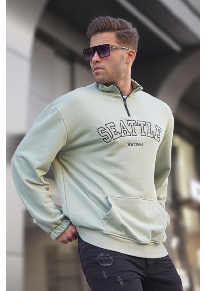 Mint Yeşili Fermuar Yakalı Nakışlı Sweatshirt 6026