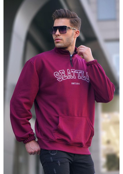 Bordo Fermuar Yakalı Nakışlı Sweatshirt 6026