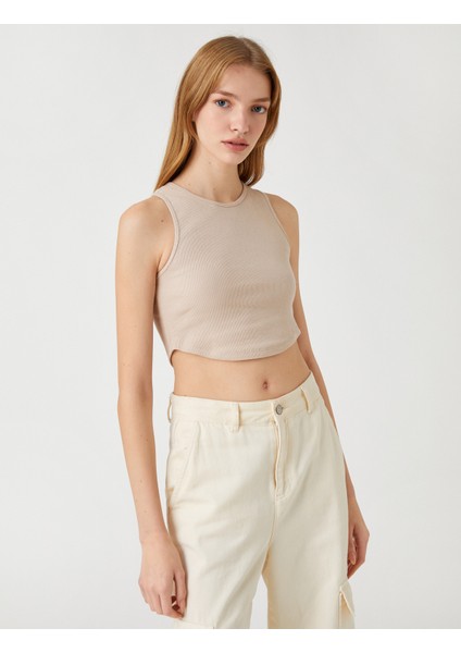 Crop Atlet Bisiklet Yaka Fitilli Asimetrik Kesim