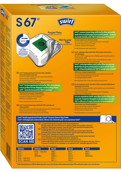 S 67 Ecopor Siemens ve Bosch Elektrikli Süpürgeler Için Elektrikli Süpürge Toz Torbası modelleri